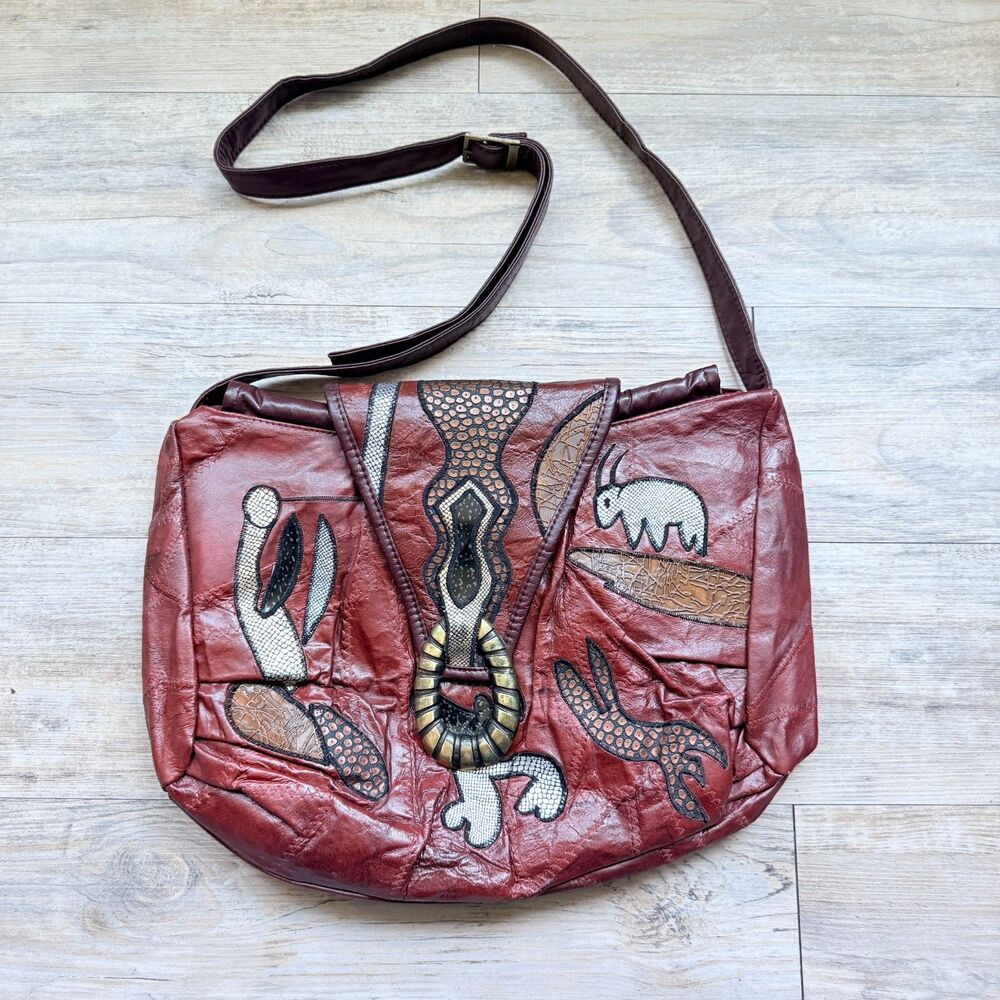 Vintage Genuine Leather Patchwork Snake Crossbody Bag Boho Safari Animal Purse
